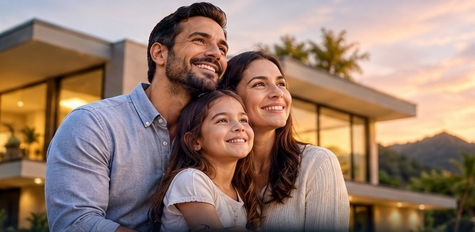 Familia feliz frente a su hogar